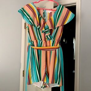colorful boutique romper,ruffles,ties on the waist